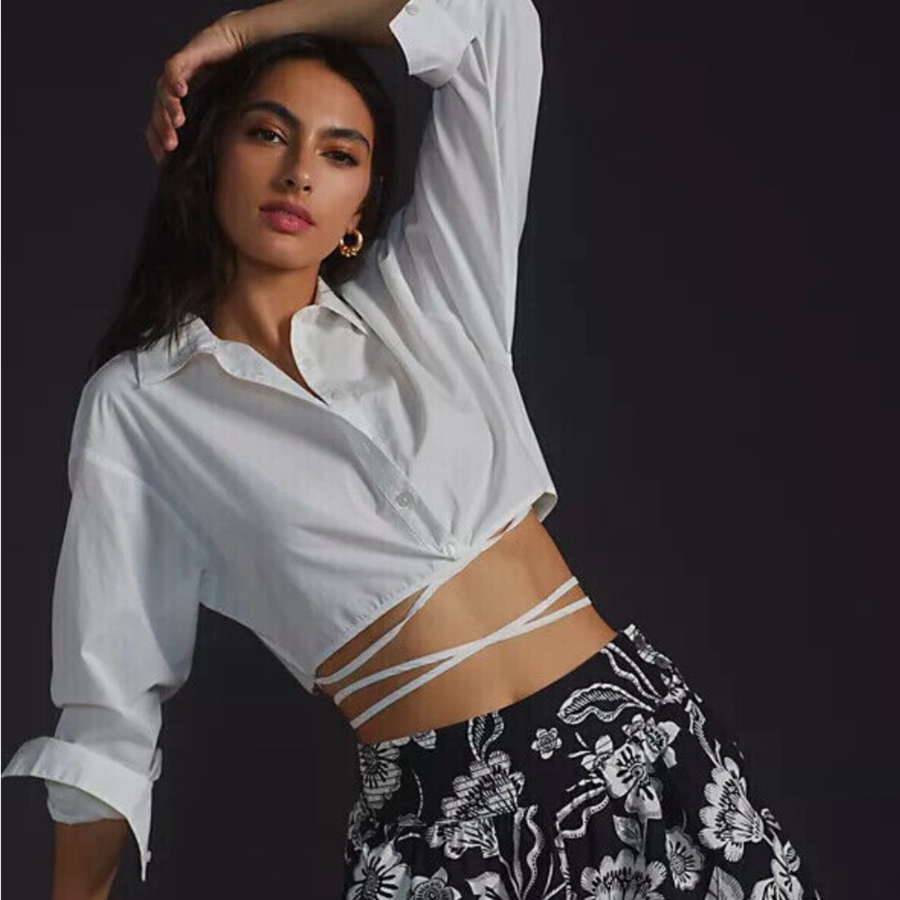 Anthropologie White Cropped Blouse Tie Shirt
